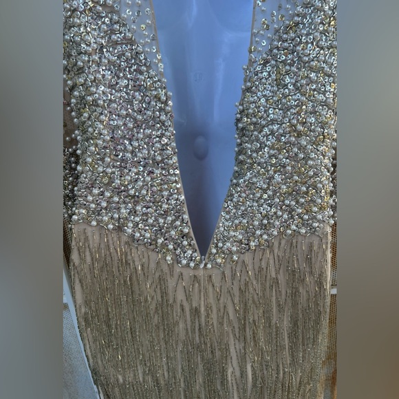 Vintage elegant cocktail dress beige sheer beads pearls sequins Peak Evenings XS - Picture 9 of 13